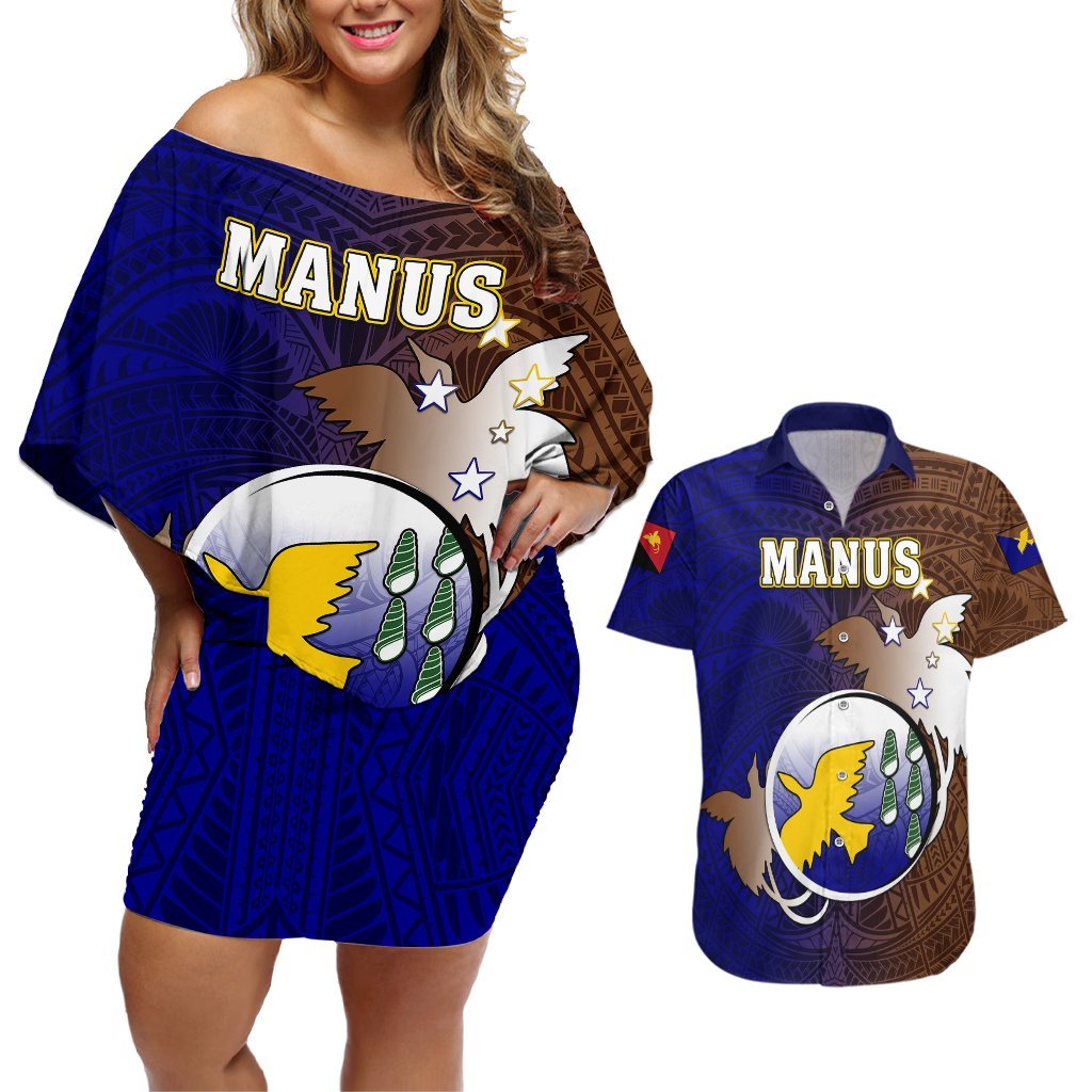 Personalized Papua New Guinea Manus Province Couples Matching Off Shoulder Short Dress and Hawaiian Shirt Mix Coat Of Arms Polynesian Pattern LT05 Brown - Polynesian Pride