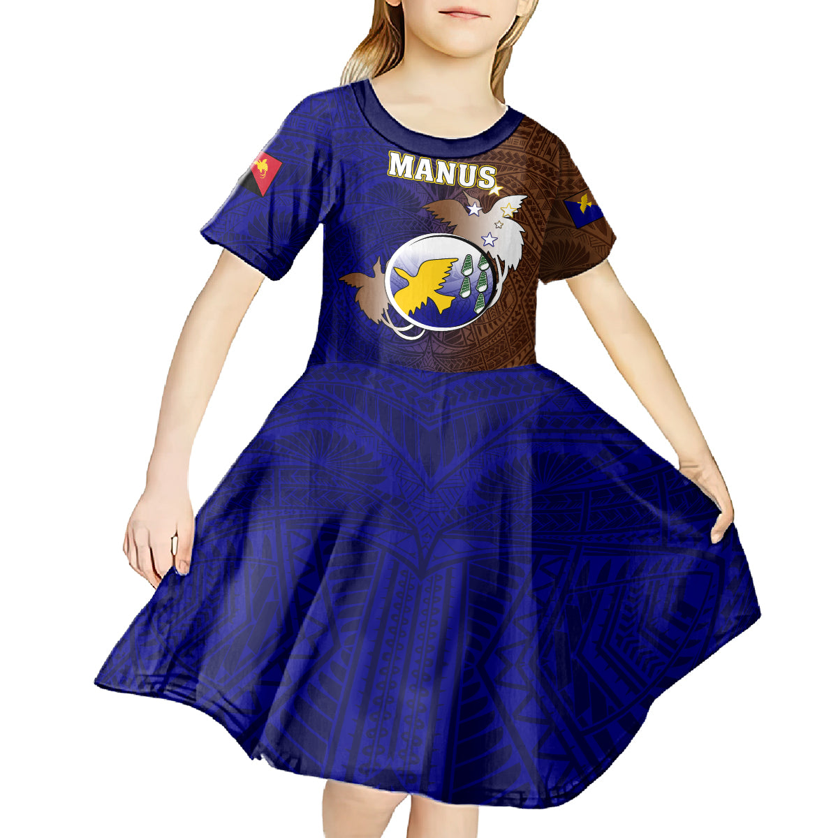 Personalized Papua New Guinea Manus Province Kid Short Sleeve Dress Mix Coat Of Arms Polynesian Pattern LT05 - Polynesian Pride