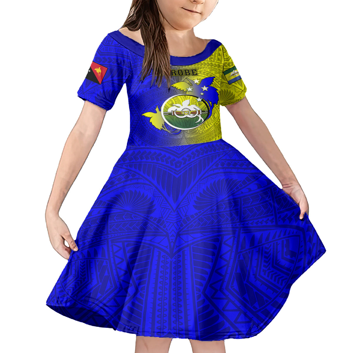 Papua New Guinea Morobe Province Kid Short Sleeve Dress Mix Coat Of Arms Polynesian Pattern LT05 KID Yellow - Polynesian Pride