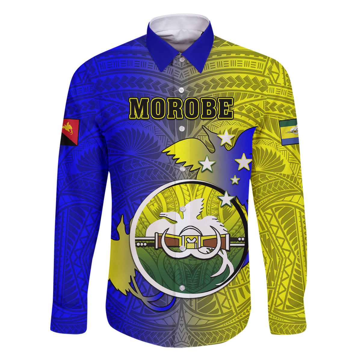 Personalized Papua New Guinea Morobe Province Family Matching Off Shoulder Maxi Dress and Hawaiian Shirt Mix Coat Of Arms Polynesian Pattern LT05 Dad's Shirt - Long Sleeve Yellow - Polynesian Pride