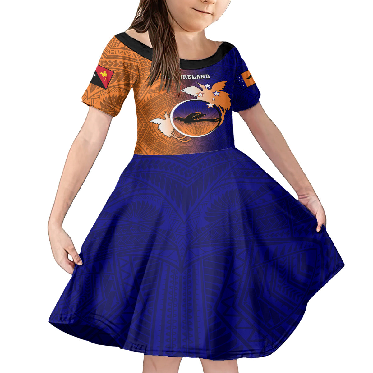 Papua New Guinea New Ireland Province Kid Short Sleeve Dress Mix Coat Of Arms Polynesian Pattern LT05 KID Blue - Polynesian Pride