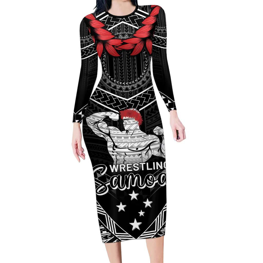 Custom Samoa Wrestling Family Matching Long Sleeve Bodycon Dress and Hawaiian Shirt Samoan Wrestler Ulafala Style LT05 Mom's Dress Black - Polynesian Pride