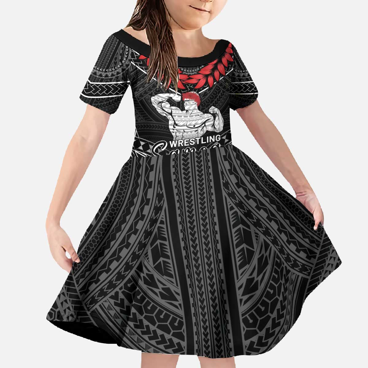 Custom Samoa Wrestling Family Matching Off The Shoulder Long Sleeve Dress and Hawaiian Shirt Samoan Wrestler Ulafala Style LT05 Daughter's Dress Black - Polynesian Pride