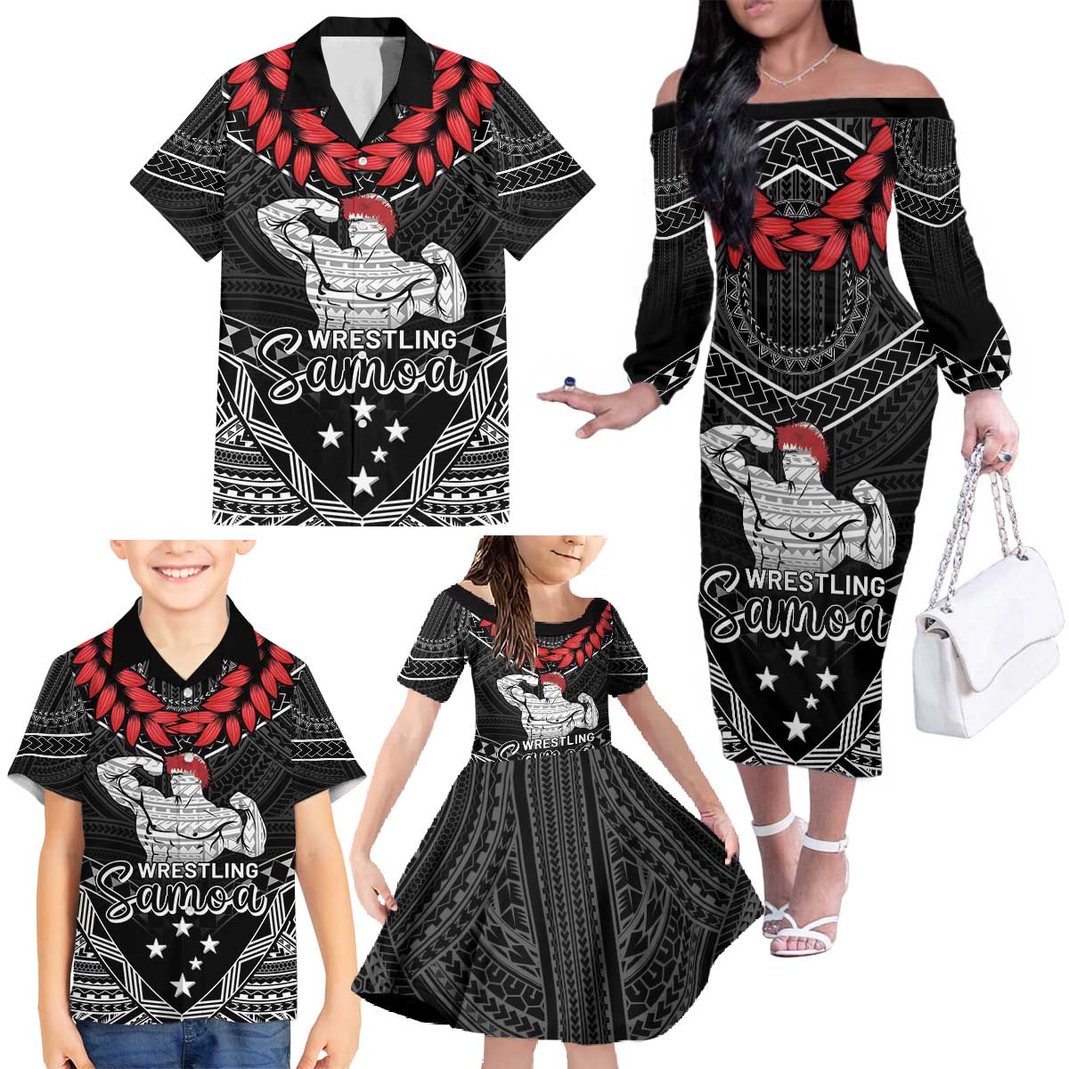 Custom Samoa Wrestling Family Matching Off The Shoulder Long Sleeve Dress and Hawaiian Shirt Samoan Wrestler Ulafala Style LT05 - Polynesian Pride
