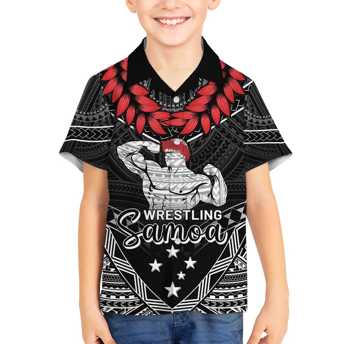 Custom Samoa Wrestling Family Matching Off The Shoulder Long Sleeve Dress and Hawaiian Shirt Samoan Wrestler Ulafala Style LT05 Son's Shirt Black - Polynesian Pride