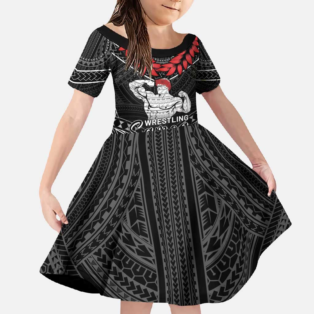 Custom Samoa Wrestling Family Matching Short Sleeve Bodycon Dress and Hawaiian Shirt Samoan Wrestler Ulafala Style LT05 Daughter's Dress Black - Polynesian Pride