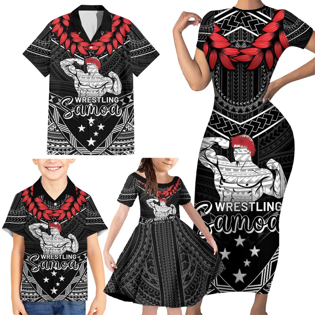 Custom Samoa Wrestling Family Matching Short Sleeve Bodycon Dress and Hawaiian Shirt Samoan Wrestler Ulafala Style LT05 - Polynesian Pride