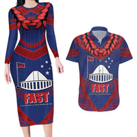 Personalised FAST Party Samoa Couples Matching Long Sleeve Bodycon Dress and Hawaiian Shirt Samoan Coat Of Arms Ulafala Style LT05 Blue - Polynesian Pride