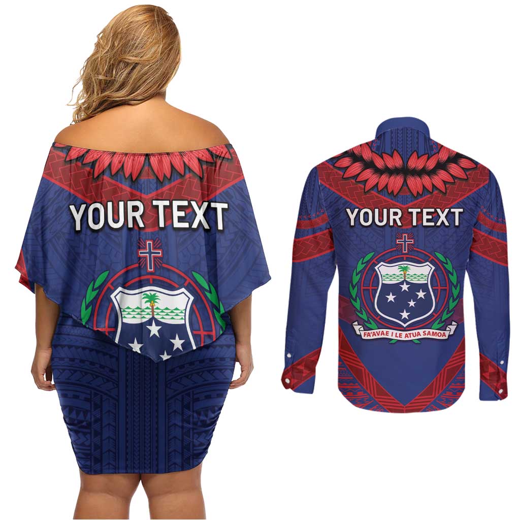 Personalised FAST Party Samoa Couples Matching Off Shoulder Short Dress and Long Sleeve Button Shirt Samoan Coat Of Arms Ulafala Style