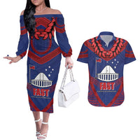 Personalised FAST Party Samoa Couples Matching Off The Shoulder Long Sleeve Dress and Hawaiian Shirt Samoan Coat Of Arms Ulafala Style LT05 Blue - Polynesian Pride