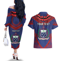 Personalised FAST Party Samoa Couples Matching Off The Shoulder Long Sleeve Dress and Hawaiian Shirt Samoan Coat Of Arms Ulafala Style LT05 - Polynesian Pride
