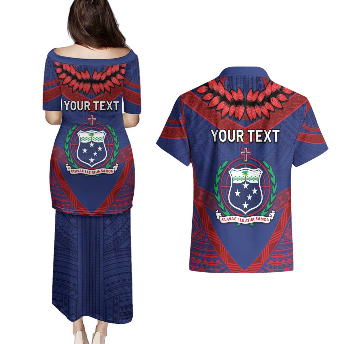 Personalised FAST Party Samoa Couples Matching Puletasi and Hawaiian Shirt Samoan Coat Of Arms Ulafala Style