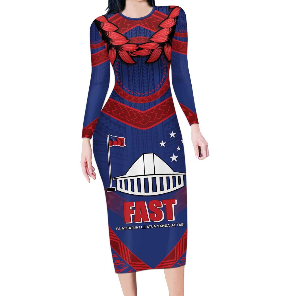 Personalised FAST Party Samoa Family Matching Long Sleeve Bodycon Dress and Hawaiian Shirt Samoan Coat Of Arms Ulafala Style LT05 Mom's Dress Blue - Polynesian Pride
