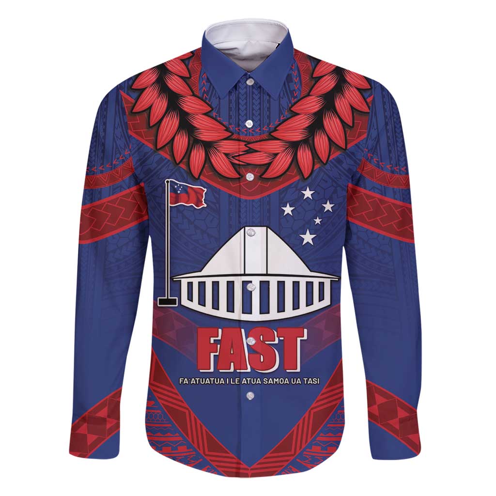 Personalised FAST Party Samoa Family Matching Mermaid Dress and Hawaiian Shirt Samoan Coat Of Arms Ulafala Style LT05 Dad's Shirt - Long Sleeve Blue - Polynesian Pride