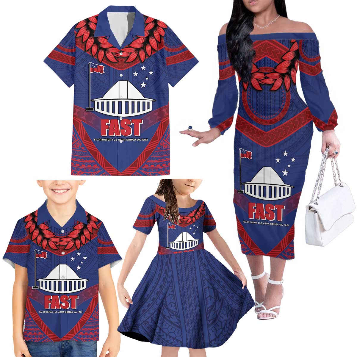 Personalised FAST Party Samoa Family Matching Off The Shoulder Long Sleeve Dress and Hawaiian Shirt Samoan Coat Of Arms Ulafala Style LT05 - Polynesian Pride
