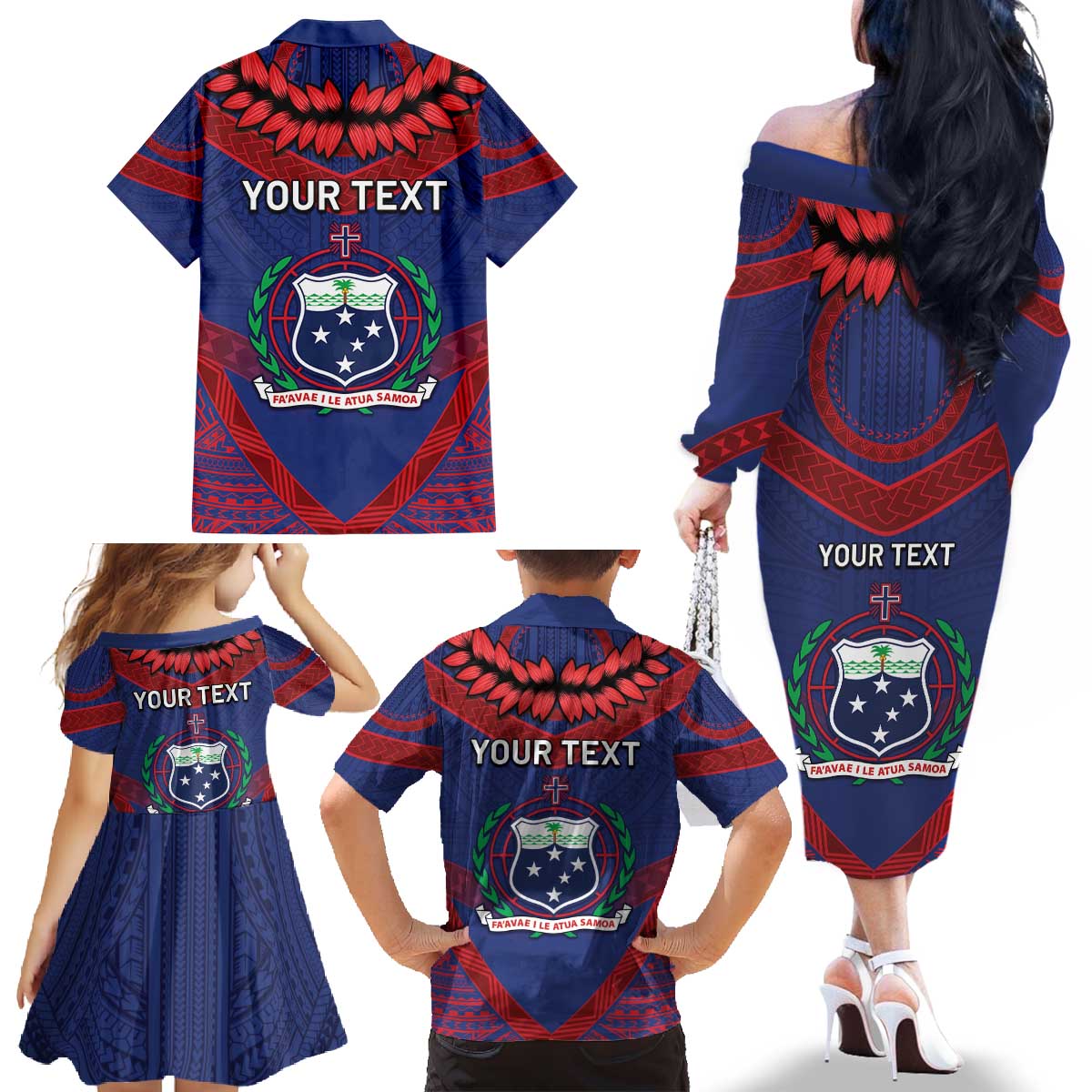 Personalised FAST Party Samoa Family Matching Off The Shoulder Long Sleeve Dress and Hawaiian Shirt Samoan Coat Of Arms Ulafala Style LT05 - Polynesian Pride