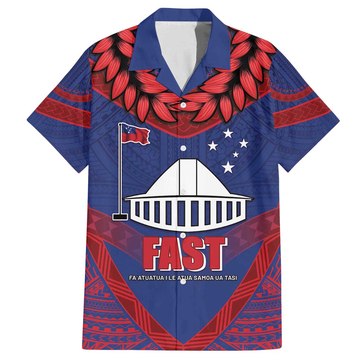 Personalised FAST Party Samoa Family Matching Off The Shoulder Long Sleeve Dress and Hawaiian Shirt Samoan Coat Of Arms Ulafala Style LT05 Dad's Shirt - Short Sleeve Blue - Polynesian Pride