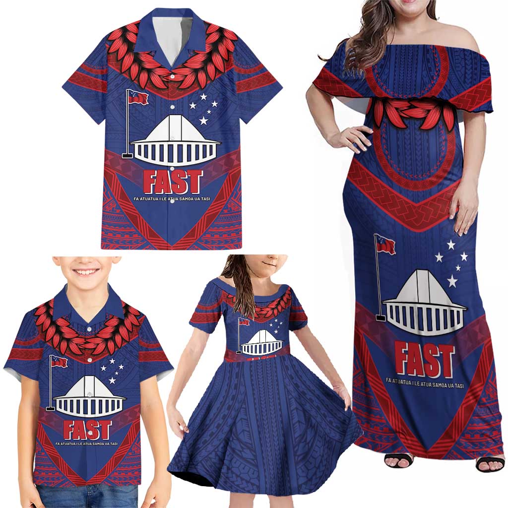 Personalised FAST Party Samoa Family Matching Off Shoulder Maxi Dress and Hawaiian Shirt Samoan Coat Of Arms Ulafala Style LT05 - Polynesian Pride