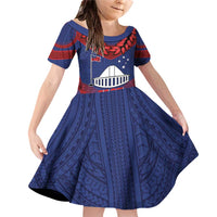 Personalised FAST Party Samoa Family Matching Off Shoulder Short Dress and Hawaiian Shirt Samoan Coat Of Arms Ulafala Style LT05 Daughter's Dress Blue - Polynesian Pride