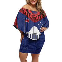 Personalised FAST Party Samoa Family Matching Off Shoulder Short Dress and Hawaiian Shirt Samoan Coat Of Arms Ulafala Style LT05 Mom's Dress Blue - Polynesian Pride