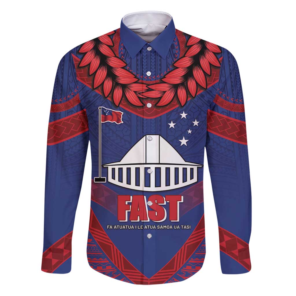 Personalised FAST Party Samoa Family Matching Puletasi and Hawaiian Shirt Samoan Coat Of Arms Ulafala Style LT05 Dad's Shirt - Long Sleeve Blue - Polynesian Pride
