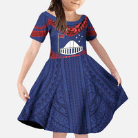 Personalised FAST Party Samoa Family Matching Short Sleeve Bodycon Dress and Hawaiian Shirt Samoan Coat Of Arms Ulafala Style LT05 Daughter's Dress Blue - Polynesian Pride