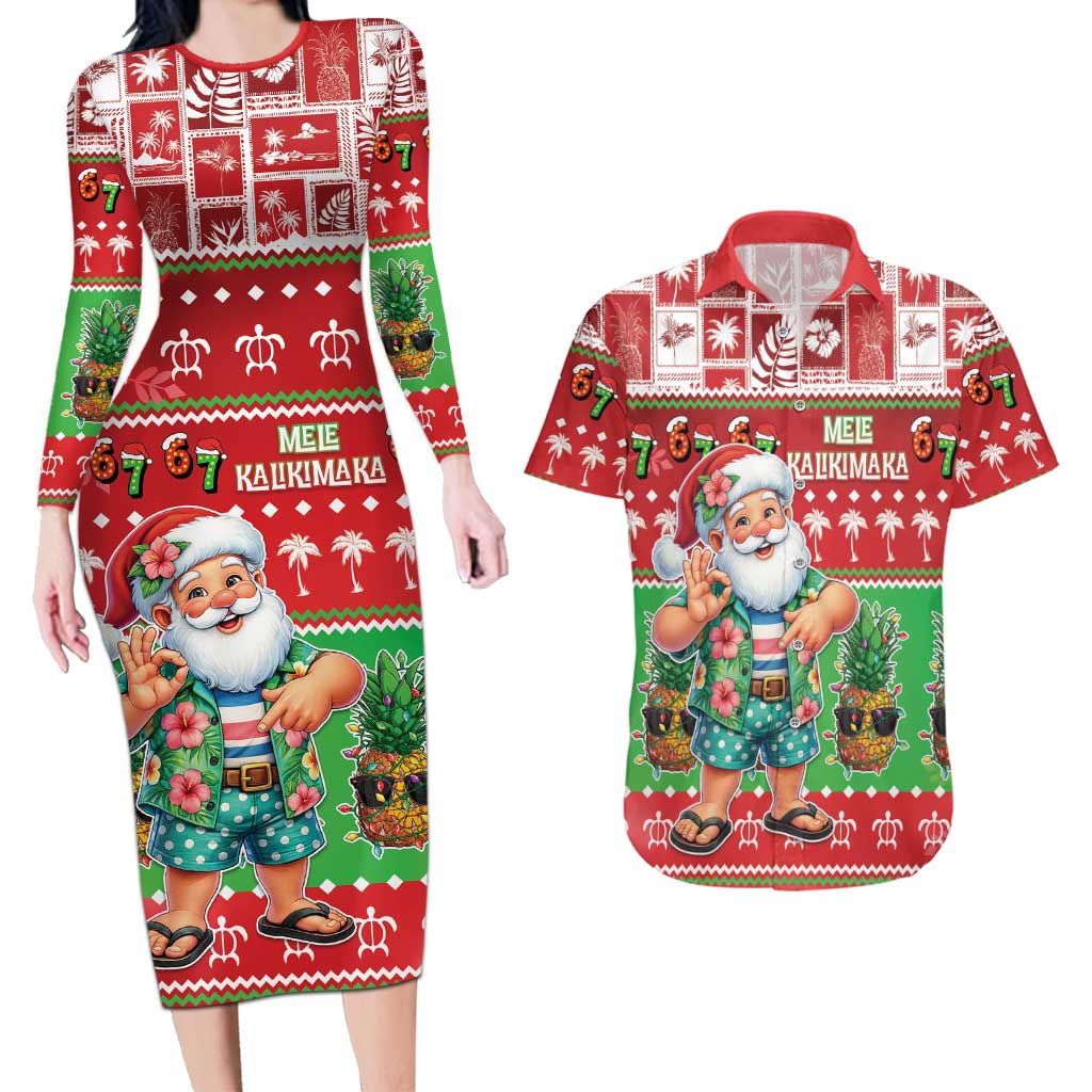 Mele Kalikimaka Hawaii Christmas Couples Matching Long Sleeve Bodycon Dress and Hawaiian Shirt Funny Santa 67 Gen Alpha Slang LT05 Red - Polynesian Pride