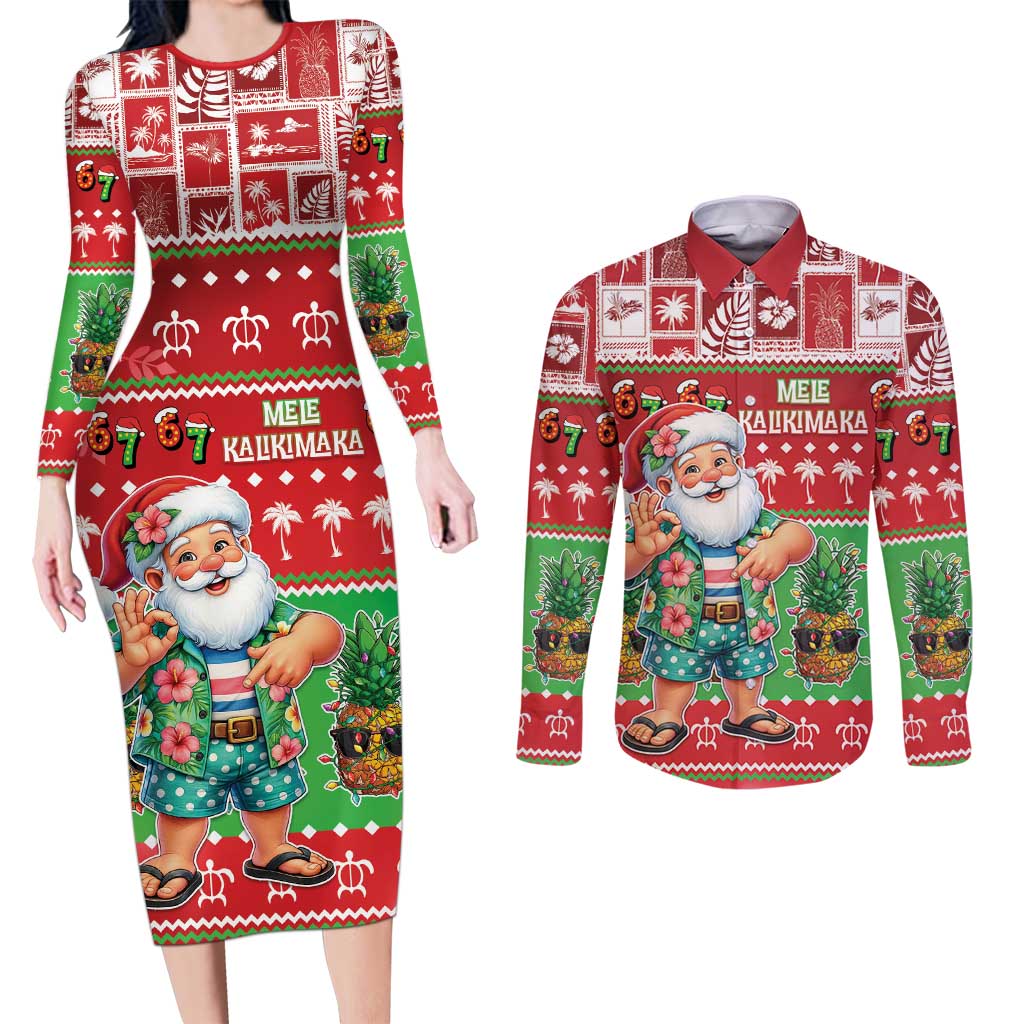Mele Kalikimaka Hawaii Christmas Couples Matching Long Sleeve Bodycon Dress and Long Sleeve Button Shirt Funny Santa 67 Gen Alpha Slang LT05 Red - Polynesian Pride