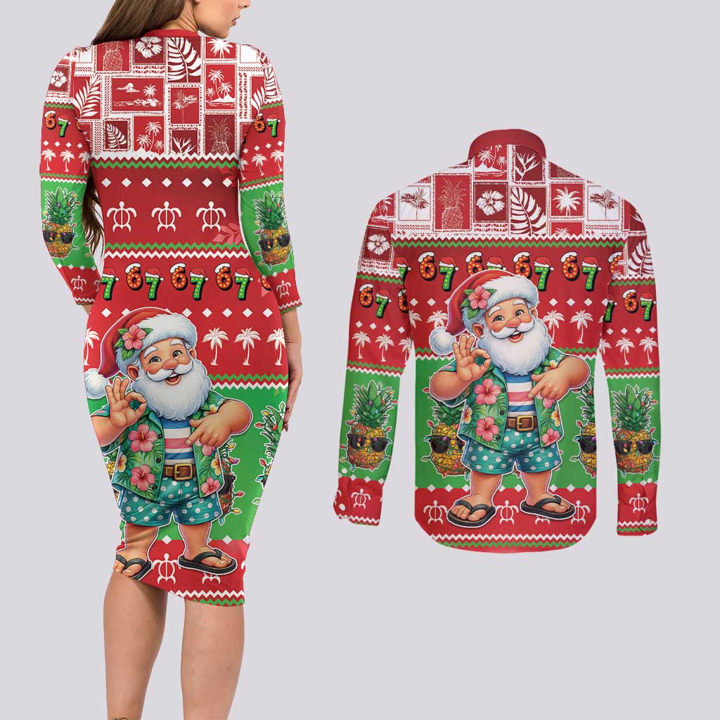 Mele Kalikimaka Hawaii Christmas Couples Matching Long Sleeve Bodycon Dress and Long Sleeve Button Shirt Funny Santa 67 Gen Alpha Slang LT05 - Polynesian Pride