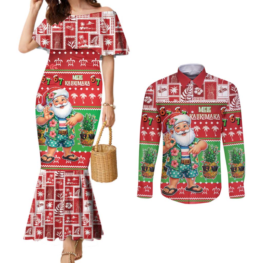 Mele Kalikimaka Hawaii Christmas Couples Matching Mermaid Dress and Long Sleeve Button Shirt Funny Santa 67 Gen Alpha Slang LT05 Red - Polynesian Pride