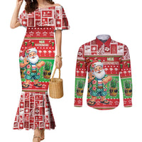 Mele Kalikimaka Hawaii Christmas Couples Matching Mermaid Dress and Long Sleeve Button Shirt Funny Santa 67 Gen Alpha Slang LT05 Red - Polynesian Pride
