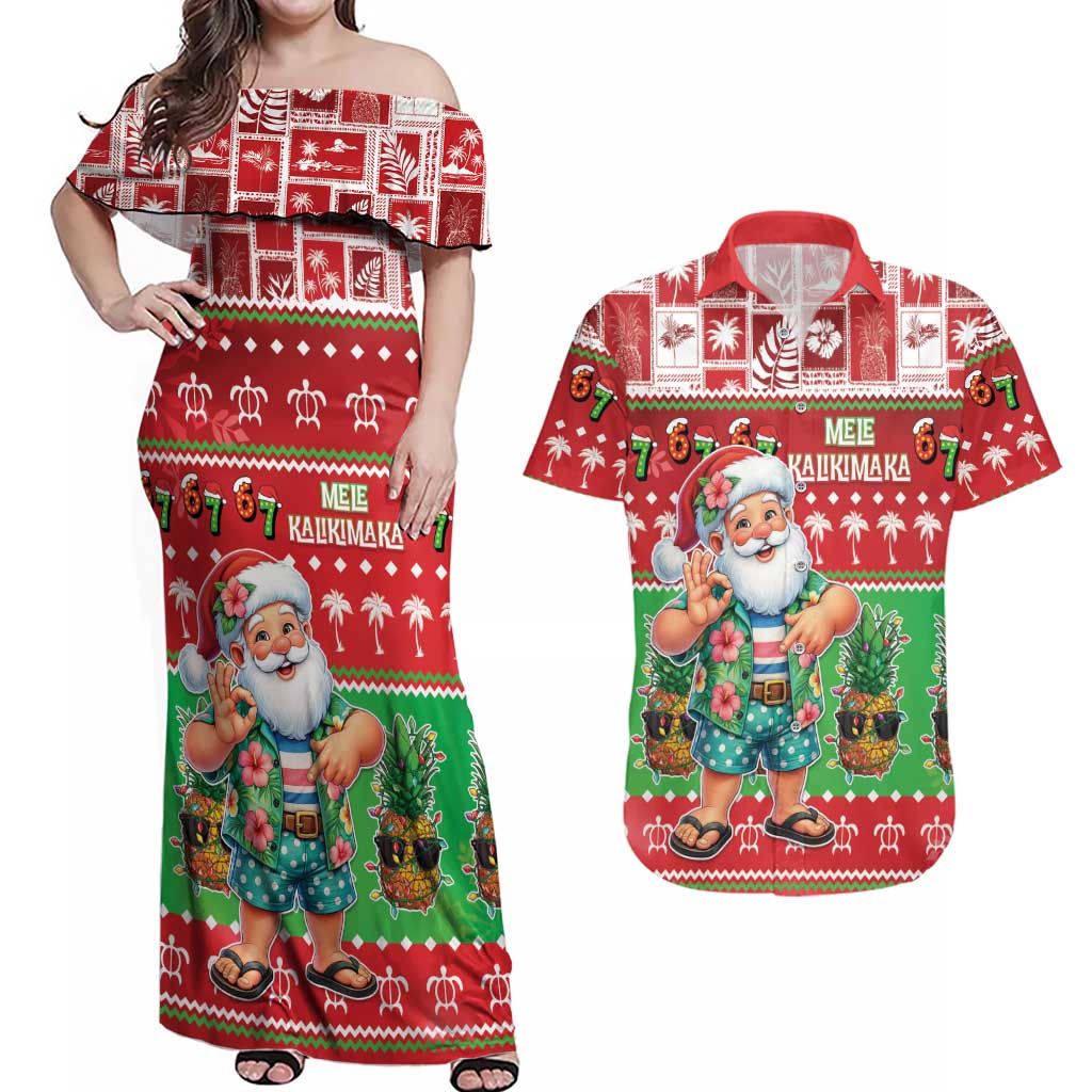 Mele Kalikimaka Hawaii Christmas Couples Matching Off Shoulder Maxi Dress and Hawaiian Shirt Funny Santa 67 Gen Alpha Slang - Polynesian Pride