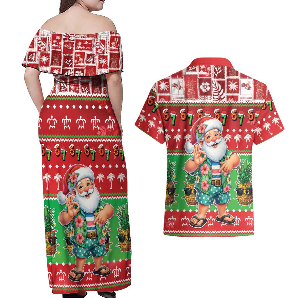 Mele Kalikimaka Hawaii Christmas Couples Matching Off Shoulder Maxi Dress and Hawaiian Shirt Funny Santa 67 Gen Alpha Slang LT05 - Polynesian Pride