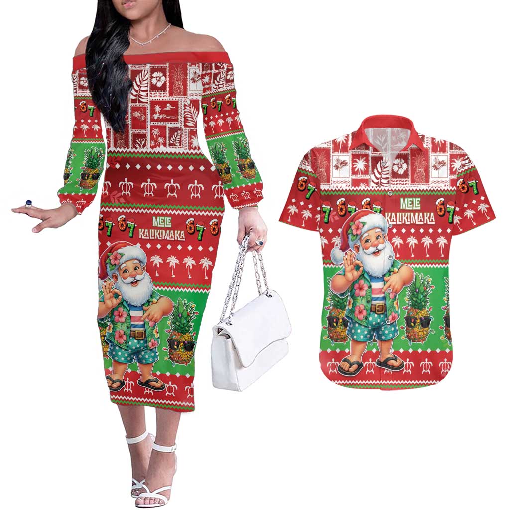 Mele Kalikimaka Hawaii Christmas Couples Matching Off The Shoulder Long Sleeve Dress and Hawaiian Shirt Funny Santa 67 Gen Alpha Slang LT05 Red - Polynesian Pride