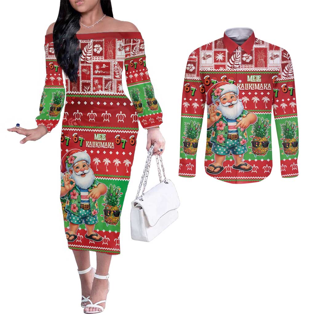 Mele Kalikimaka Hawaii Christmas Couples Matching Off The Shoulder Long Sleeve Dress and Long Sleeve Button Shirt Funny Santa 67 Gen Alpha Slang LT05 Red - Polynesian Pride