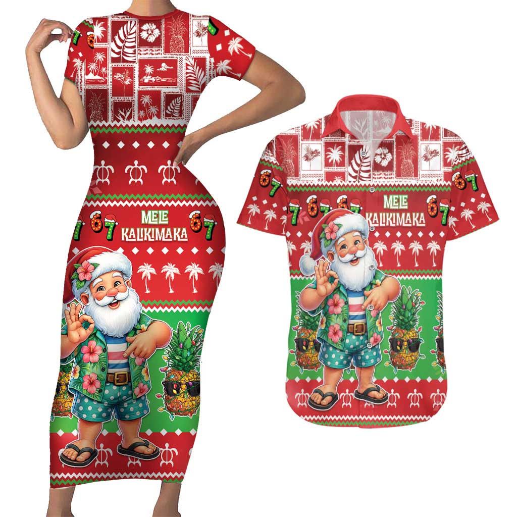 Mele Kalikimaka Hawaii Christmas Couples Matching Short Sleeve Bodycon Dress and Hawaiian Shirt Funny Santa 67 Gen Alpha Slang LT05 Red - Polynesian Pride