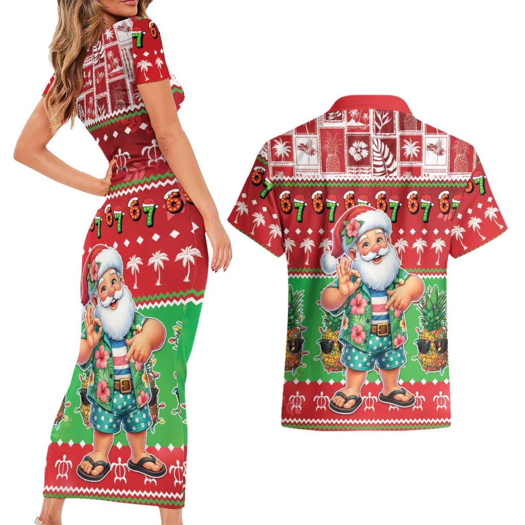 Mele Kalikimaka Hawaii Christmas Couples Matching Short Sleeve Bodycon Dress and Hawaiian Shirt Funny Santa 67 Gen Alpha Slang LT05 - Polynesian Pride