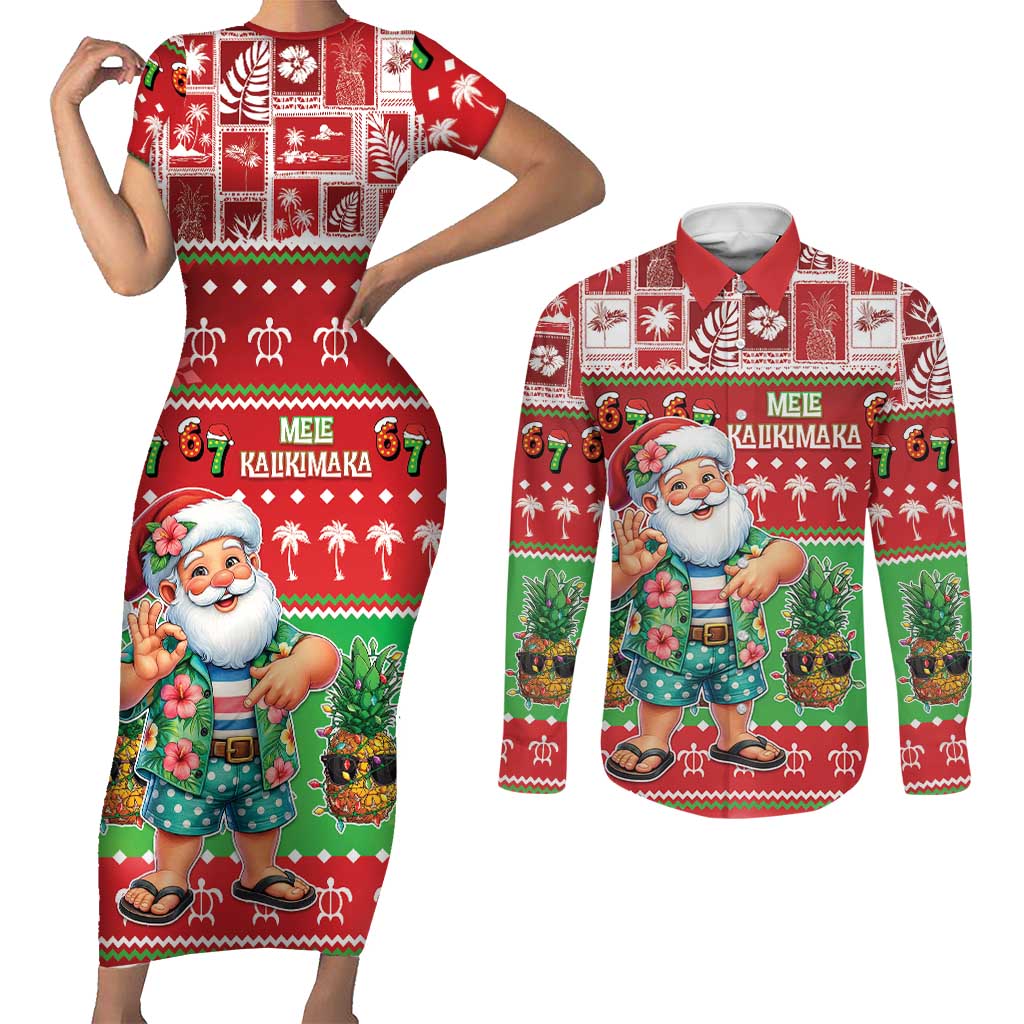 Mele Kalikimaka Hawaii Christmas Couples Matching Short Sleeve Bodycon Dress and Long Sleeve Button Shirt Funny Santa 67 Gen Alpha Slang - Polynesian Pride