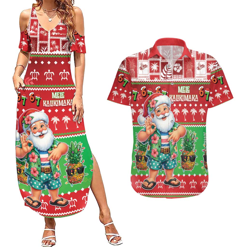 Mele Kalikimaka Hawaii Christmas Couples Matching Summer Maxi Dress and Hawaiian Shirt Funny Santa 67 Gen Alpha Slang - Polynesian Pride