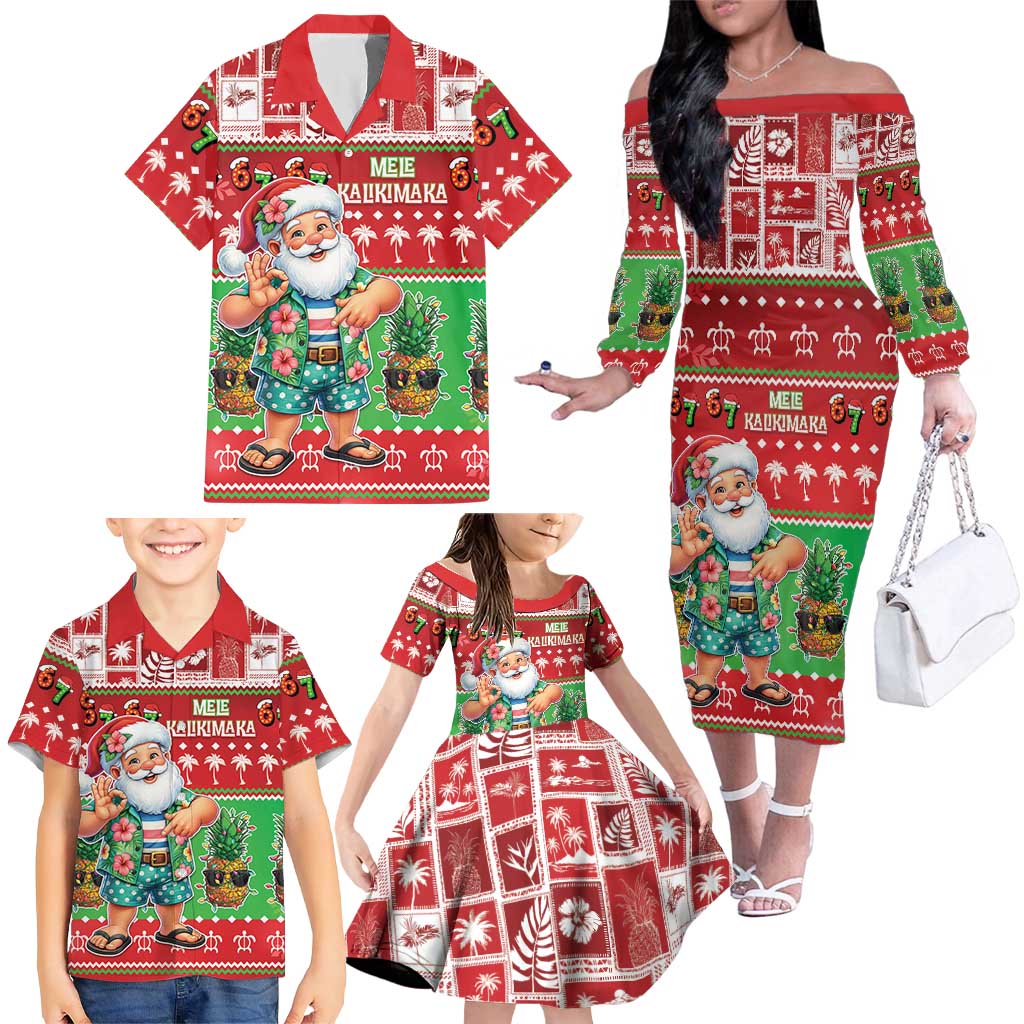 Mele Kalikimaka Hawaii Christmas Family Matching Off The Shoulder Long Sleeve Dress and Hawaiian Shirt Funny Santa 67 Gen Alpha Slang LT05 - Polynesian Pride