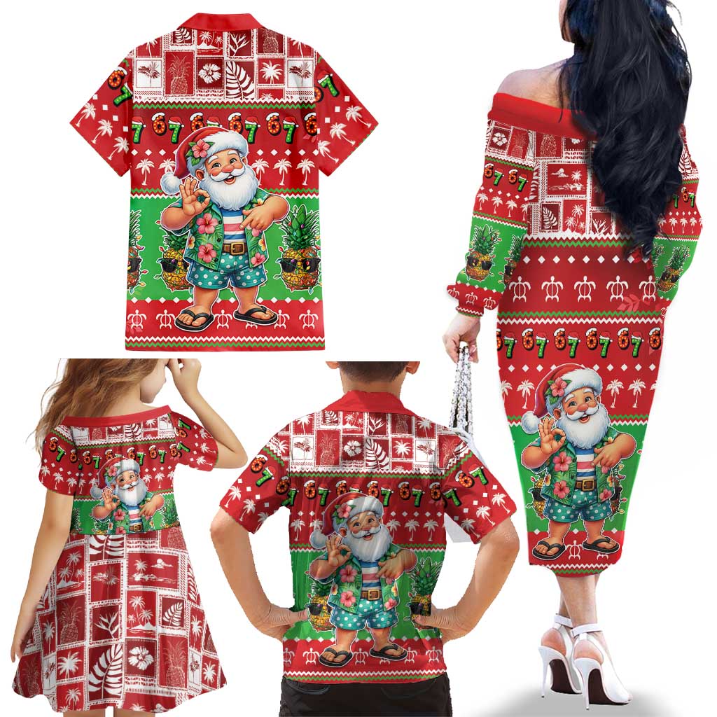 Mele Kalikimaka Hawaii Christmas Family Matching Off The Shoulder Long Sleeve Dress and Hawaiian Shirt Funny Santa 67 Gen Alpha Slang LT05 - Polynesian Pride