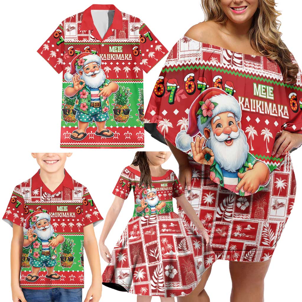 Mele Kalikimaka Hawaii Christmas Family Matching Off Shoulder Short Dress and Hawaiian Shirt Funny Santa 67 Gen Alpha Slang - Polynesian Pride