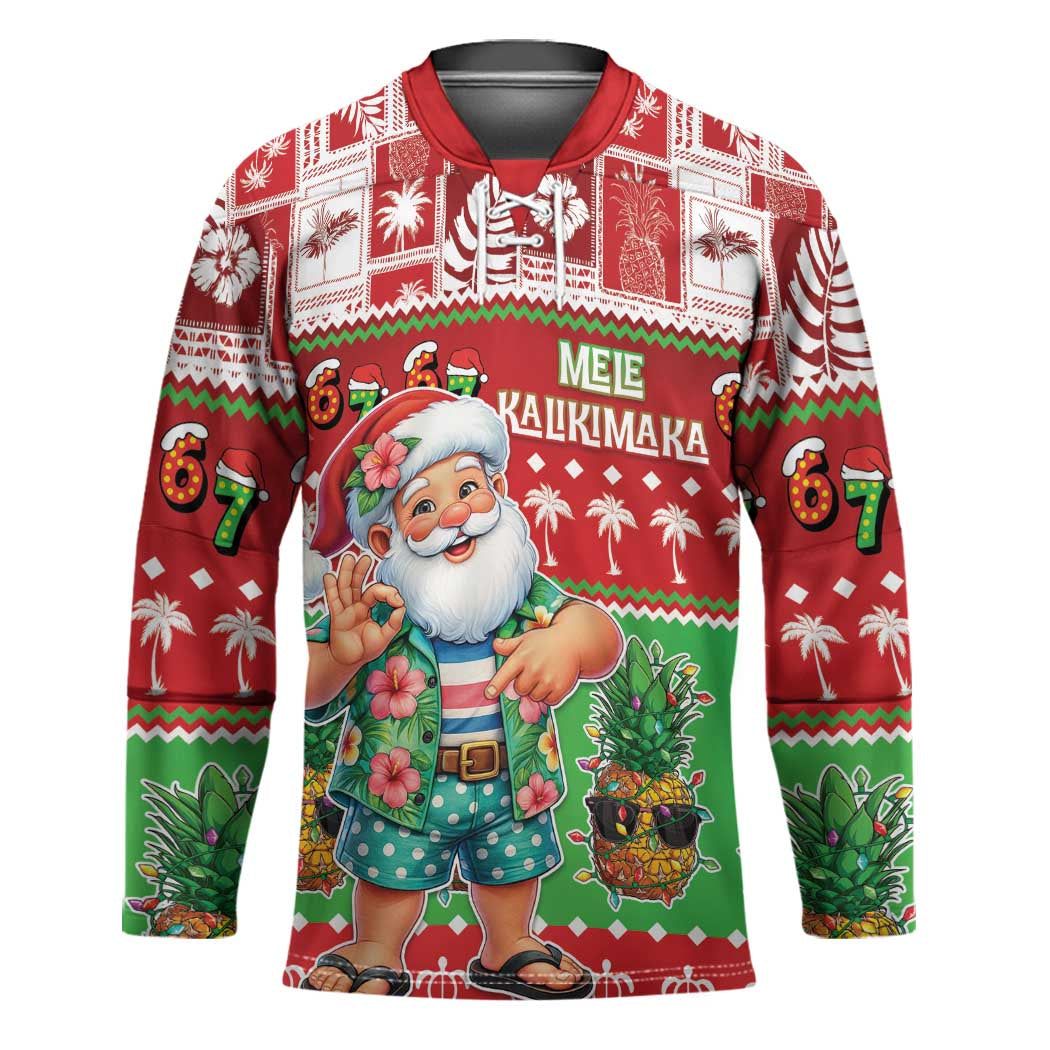 Mele Kalikimaka Hawaii Christmas Hockey Jersey Funny Santa 67 Gen Alpha Slang LT05 Unisex Red - Polynesian Pride