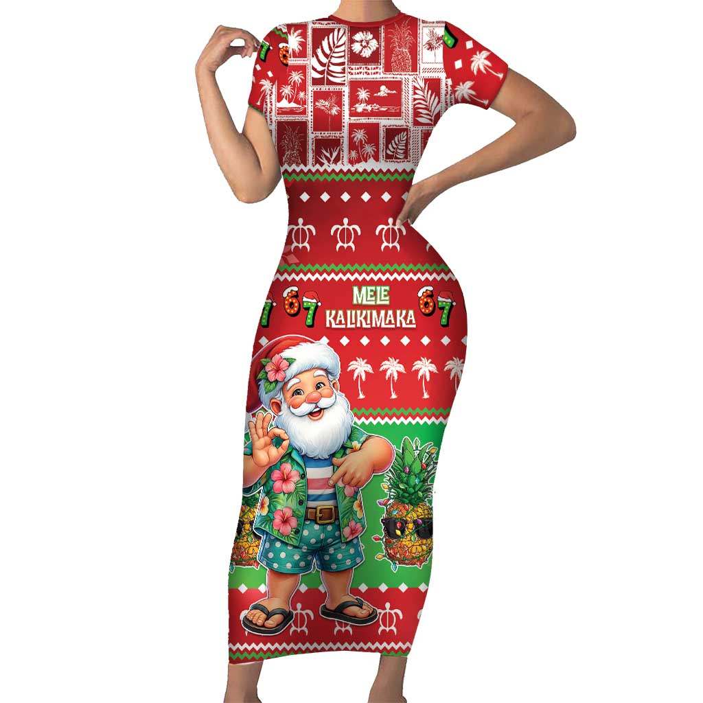 Mele Kalikimaka Hawaii Christmas Short Sleeve Bodycon Dress Funny Santa 67 Gen Alpha Slang - Polynesian Pride