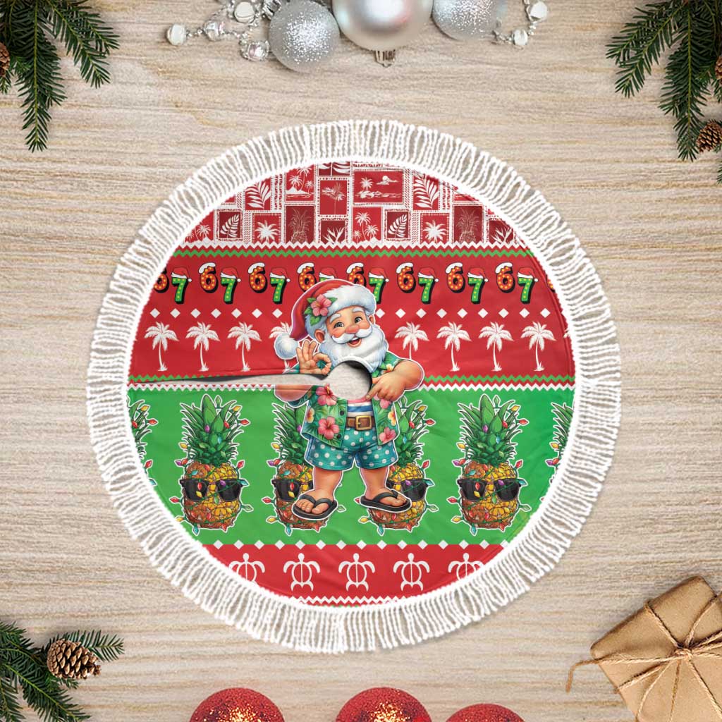 Mele Kalikimaka Hawaii Christmas Tree Skirt Funny Santa 67 Gen Alpha Slang LT05 Fringed Red - Polynesian Pride