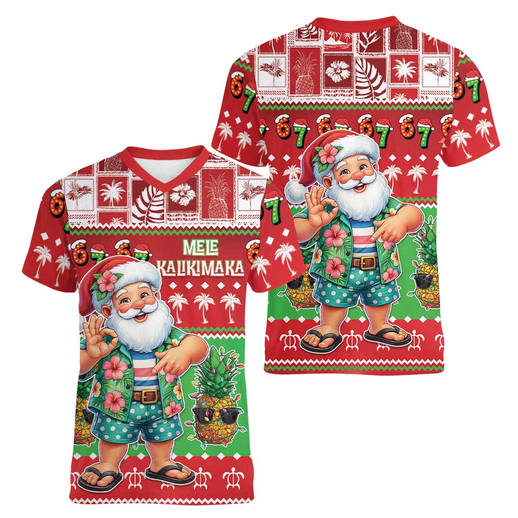 Mele Kalikimaka Hawaii Christmas Women V-Neck T-Shirt Funny Santa 67 Gen Alpha Slang - Polynesian Pride