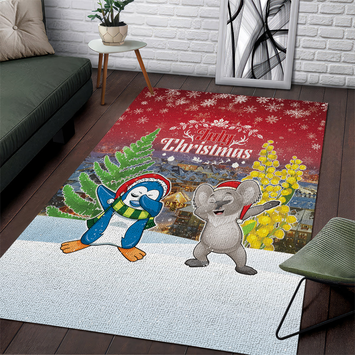 Christmas In July Area Rug Funny Dabbing Dance Koala And Blue Penguins LT05 Red - Polynesian Pride