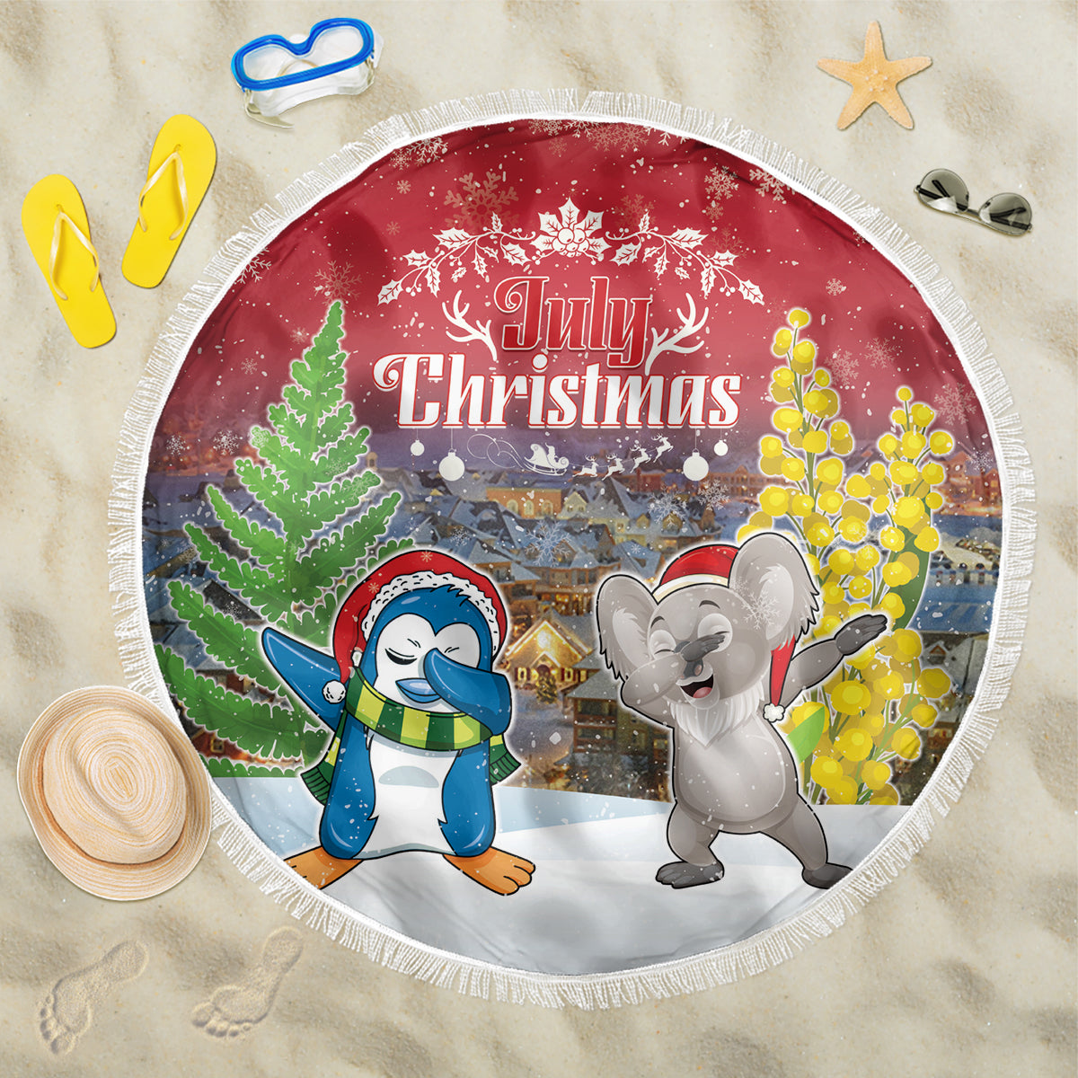 Christmas In July Beach Blanket Funny Dabbing Dance Koala And Blue Penguins LT05 One Size 150cm Red - Polynesian Pride