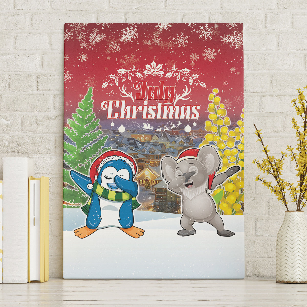 Christmas In July Canvas Wall Art Funny Dabbing Dance Koala And Blue Penguins LT05 Without Frame Red - Polynesian Pride