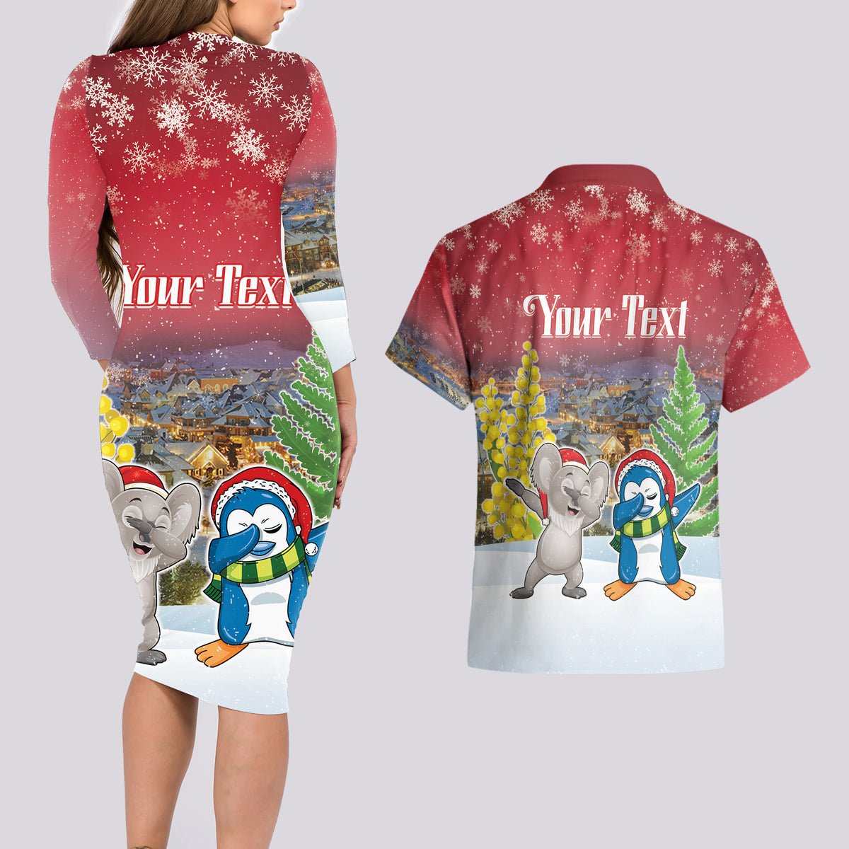 Personalised Christmas In July Couples Matching Long Sleeve Bodycon Dress and Hawaiian Shirt Funny Dabbing Dance Koala And Blue Penguins LT05 - Polynesian Pride